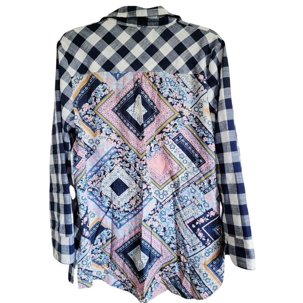 Shana L Blouse Womens Top Blue White Multi Print Color Button‎ Front LS NEW